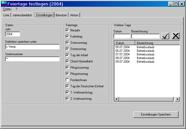 Feiertage festlegen