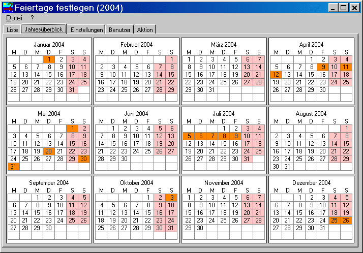 Feiertagskalender eines Jahres